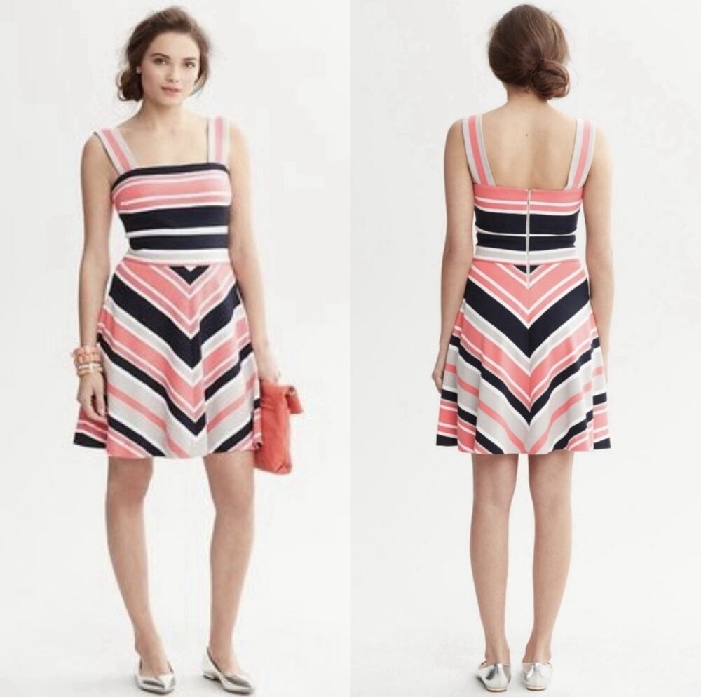 Banana Republic Milly Collection Stripe Fit & Flare Dress Size 4 Pink Navy Gray